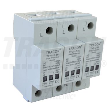 TRACON AC/DC túlfeszültség levezető, 1+2-es típus, egybeépített 230/400 V, 50 Hz, 8 kA (10/350 us) 40/80 kA (8/20 us), 3P