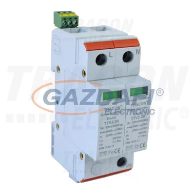 TRACON TTV2-20-2P AC túlfeszültség levezető, 2-es típus, cserélhető betéttel 230/400 V, 50 Hz, 10/20 kA (8/20 us), 2P