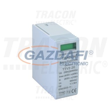 TRACON TTV2-20-M AC túlfeszültség levezető betét; 2-es típus 230 V, 50 Hz, 10/20 kA (8/20 us), 1P