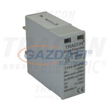 TRACON TTV2-30-B-M AC túlfeszültség levezető betét; 2-es típus, "B" modul 230 V, 50 Hz, 15/30 kA (8/20 us), 1P+N/PE (TTV2-30)