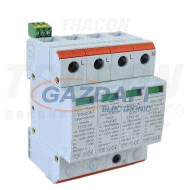 TRACON TTV2-40-4P AC túlfeszültség levezető, 2-es típus, cserélhető betéttel 230/400 V, 50 Hz, 20/40 kA (8/20 us), 4P