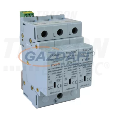 TRACON TTV2-60-3P AC túlfeszültség levezető, 2-es típus, cserélhető betéttel 230/400 V, 50 Hz, 30/60 kA (8/20 us), 3P