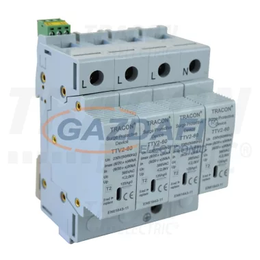 TRACON TTV2-60-4P AC túlfeszültség levezető, 2-es típus, cserélhető betéttel 230/400 V, 50 Hz, 30/60 kA (8/20 us), 4P