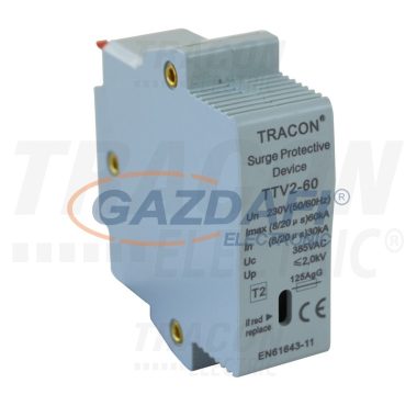 TRACON TTV2-60-M AC túlfeszültség levezető betét; 2-es típus 230 V, 50 Hz, 30/60 kA (8/20 us), 1P