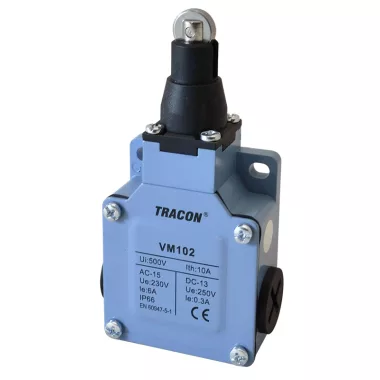 TRACON VM102 Helyzetkapcsoló, görgős fémházas 1xNO+1xNC, 6A/230V AC-15, 0,3A/250V DC-13, IP66