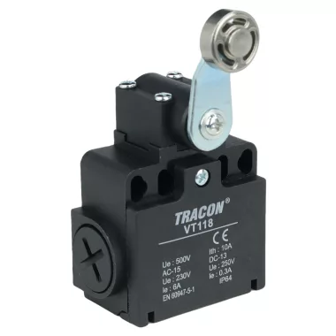 TRACON VT118 Helyzetkapcsoló, lengőkar-görgö 1xNO+1xNC, 6A/230V AC-15, 0,3A/250V DC-13, 28mm, IP65