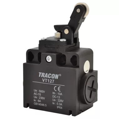 TRACON VT127 Helyzetkapcsoló, nyomógörgős 1xNO+1xNC, 6A/230V AC-15, 0,3A/250V DC-13, IP65