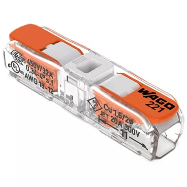 Wago 221-2401 Inline vez. összekötő működtető karral; minden vezetéktípushoz; max. 4 mm²; 2 vezeték; (T85); 4,00 mm²; átlátszó