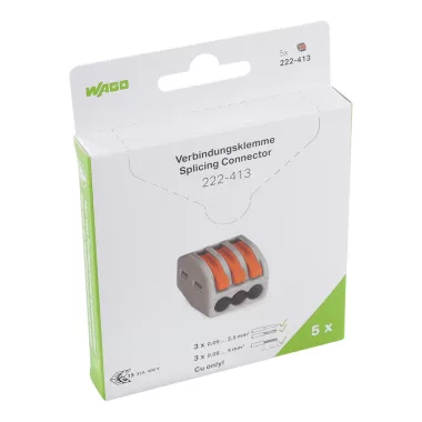 Wago 222-413/995-005 Vezeték összekötő rögzítő-leválasztókkal; minden vezetéktípushoz; max. 4 mm²; 3 vezeték; szürke készülékház  5db/ csomag