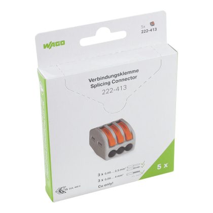   Wago 222-413/995-005 Vezeték összekötő rögzítő-leválasztókkal; minden vezetéktípushoz; max. 4 mm²; 3 vezeték; szürke készülékház  5db/ csomag