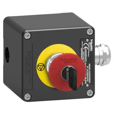SCHNEIDER XAWF188EX ATEX D tokozott vészleállító, gombafejű 40mm, kulccsal oldható, fém, 2NC, piros