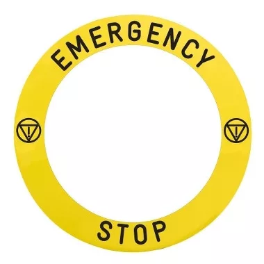 SCHNEIDER ZBY8L330 Harmony sárga köralakú felirati tábla, Ø90, ZB5AS84W** vészleállítóhoz, logóval, EMERGENCY STOP