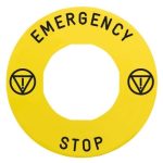   SCHNEIDER ZBY9330T Harmony sárga köralakú felirati tábla, Ø60, vészleállítóhoz, ZBZ3605 védőgallérhoz, logóval, EMERGENCY STOP