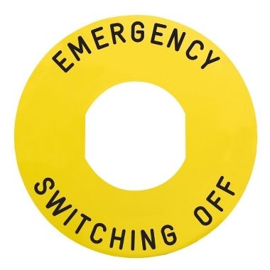 SCHNEIDER ZBY9360 Harmony sárga köralakú felirati tábla, Ø60, ZB5AW743 vészkapcsolóhoz, EMERGENCY SWITCHING OFF