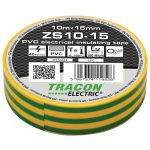 TRACON ZS10-15 Szigetelőszalag, zöld/sárga 10m×15mm, PVC, 0-90°C, 40kV/mm