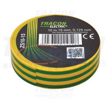 TRACON ZS10-15 Szigetelőszalag, zöld/sárga 10m×15mm, PVC, 0-90°C, 40kV/mm, 10 db/csomag
