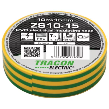 TRACON ZS10-15 Szigetelőszalag, zöld/sárga 10m×15mm, PVC, 0-90°C, 40kV/mm