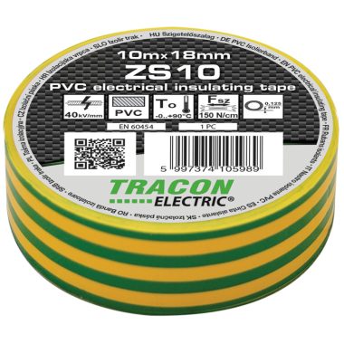 TRACON ZS10 Szigetelőszalag, zöld/sárga 10m×18mm, PVC, 0-90°C, 40kV/mm