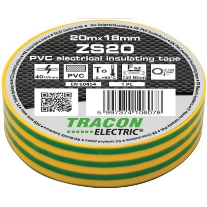   TRACON ZS20 Szigetelőszalag, zöld/sárga 20m×18mm, PVC, 0-90°C, 40kV/mm