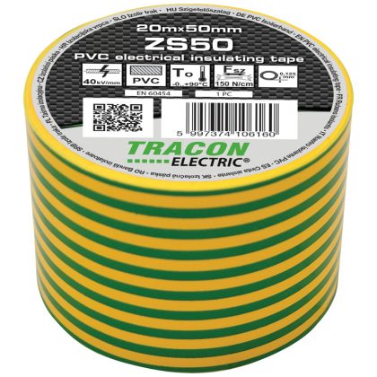   TRACON ZS50 Szigetelőszalag, zöld-sárga 20m×50mm, PVC, 0-90°C, 40kV/mm