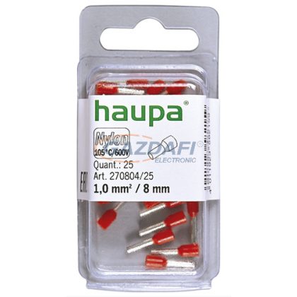   HAUPA 270804 Szigetelt érvéghüvely, 1mm2, 8mm, piros,  100 db/csomag