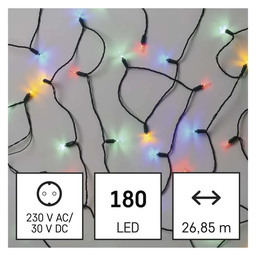 EMOS D4AM13 LED karácsonyi fényfüzér – hagyományos, 3.6W 26,85 m, kültéri és beltéri, többszínű 180LED